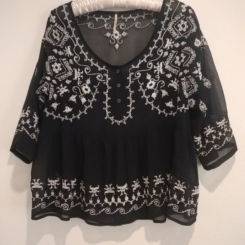Free People Black Sheer Blouse with Off-White Embroidery